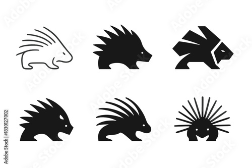 Porcupine Logo Variations. Porcupine. Icon set. Set Logo of porcupine: Stylized porcupine silhouette. harmonious logo variations of the same emblematic