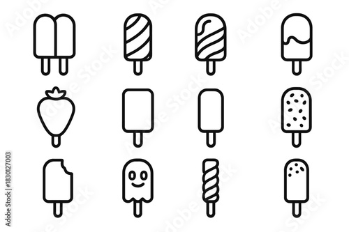 Popsicle Icon Set. Popsicle designs. Line icon set of popsicle designs: double stick, striped pop, swirl pattern, chocolate dipped, fruity shape, square pop,
