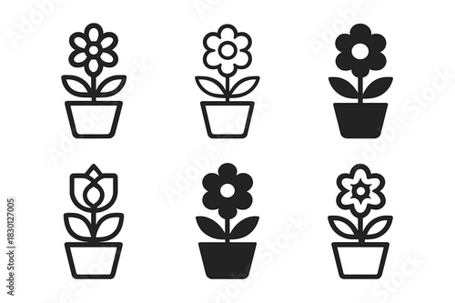 Potted Plant Icons. Potted plant. Icon set. Set Logo of potted plant: flowering pot. harmonious logo variations of the same emblematic concept, each with