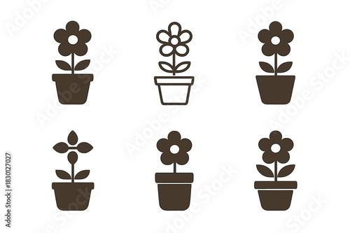 Potted Plant Icons. Potted plant. Icon set. Set Logo of potted plant: flowering pot. harmonious logo variations of the same emblematic concept, each with