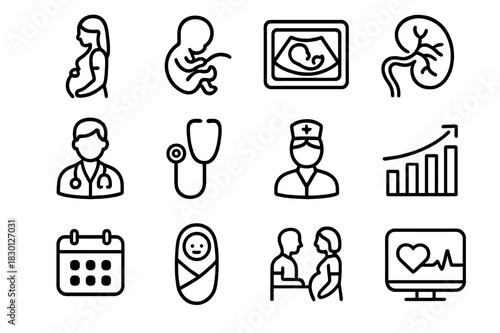 Prenatal Care Icons. Prenatal & Postnatal Care. Line icon set of Prenatal & Postnatal Care: pregnant woman, fetus, ultrasound, placenta, doctor, stethoscope,
