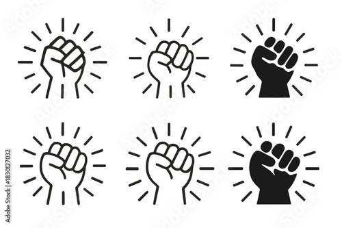 Powerful Fist Logos. Fist clenching. Icon set. Set Logo of fist clenching: abstract radial lines emphasizing power of grip. harmonious logo variations of the