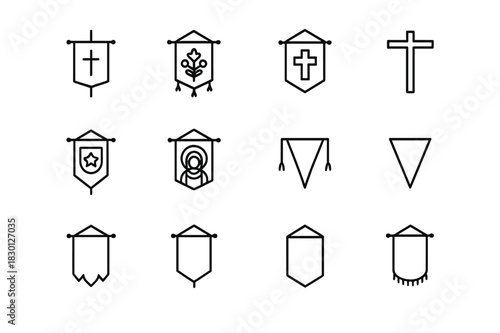 Procession Banner Icons. Procession banners. Line icon set of procession banners: religious flag, ceremonial banner, embroidered flag, cross banner, emblem