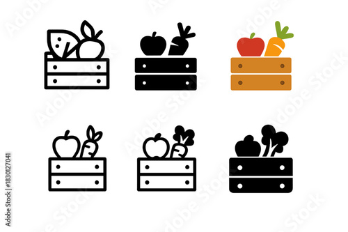 Produce Display Logos. produce display. Icon set. Set Logo of produce display: fresh market arrangement. harmonious logo variations of the same emblematic