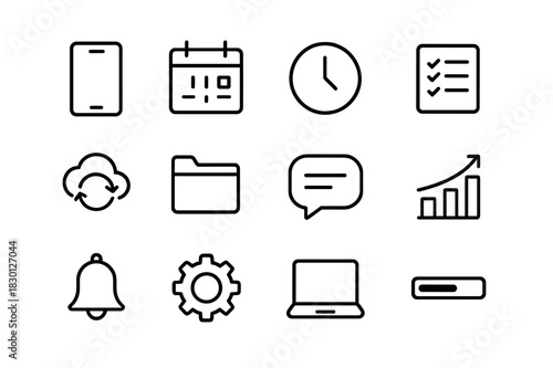 Productivity App Icons. Productivity apps. Line icon set of productivity apps: smartphone, calendar, clock, checklist, cloud sync, file folder, chat bubble,