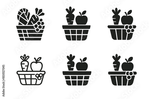 Produce Display Logos. produce display. Icon set. Set Logo of produce display: fresh market arrangement. harmonious logo variations of the same emblematic