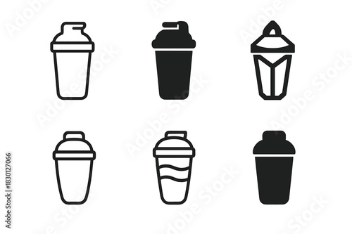 Protein Shaker Logos. Protein Shaker. Icon set. Set Logo of Protein Shaker: minimalist shaker outline with lid cap. harmonious logo variations of the same