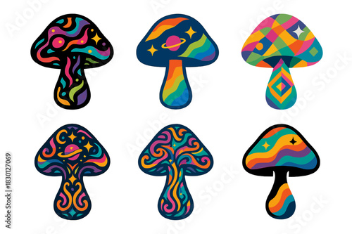 Psychedelic Mushroom Logos. Psychedelic and trippy designs. Icon set. Set Logo of psychedelic: cosmic mushroom. harmonious logo variations of the
