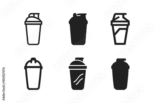 Protein Shaker Logos. Protein Shaker. Icon set. Set Logo of Protein Shaker: minimalist shaker outline with lid cap. harmonious logo variations of the same