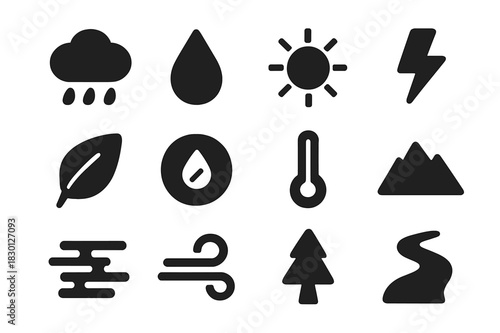 Rainforest Climate Icons. Rainforest climate. Solid icon set of rainforest climate: raincloud, droplet, sun, thunderbolt, leaf, humidity gauge, thermometer,