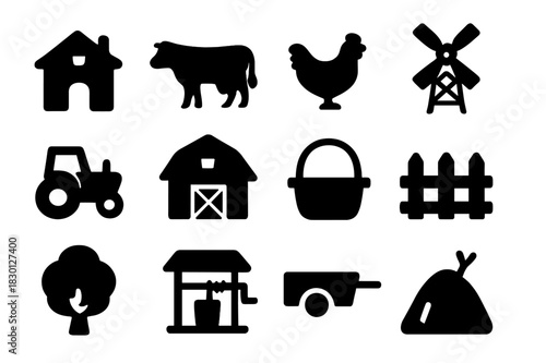 Rural Life Icons. Rural life. Solid icon set of rural life: farmhouse, cow, chicken, windmill, tractor, barn, basket, fence, tree, well, cart, haystack. Filled
