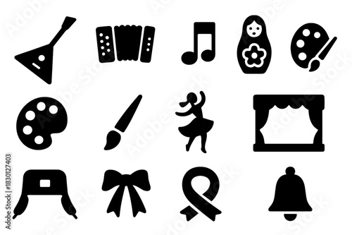 Russian Art Icons. Russian Art and Music. Solid icon set of Russian Art and Music: balalaika, accordion, note, matryoshka, palette, brush, dancer, stage, hat,