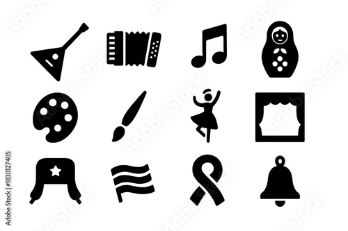 Russian Art Icons. Russian Art and Music. Solid icon set of Russian Art and Music: balalaika, accordion, note, matryoshka, palette, brush, dancer, stage, hat,