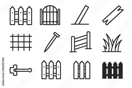 Rustic Fence Icons Collection. Rustic Fence Icons Set. Line icon set of Rustic Fence Icons Set: wooden fence, gate, leaning post, broken plank, post, wire
