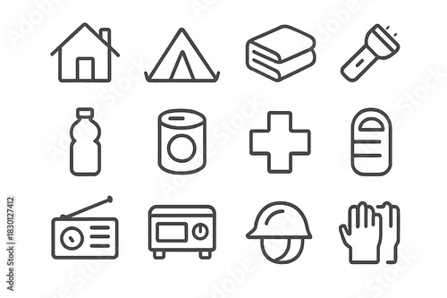 Safety Essentials Icons. Shelter and safety. Line icon set of shelter and safety: house, tent, blanket, flashlight, water bottle, canned food, first aid cross,