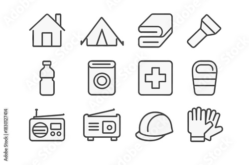 Safety Essentials Icons. Shelter and safety. Line icon set of shelter and safety: house, tent, blanket, flashlight, water bottle, canned food, first aid cross,