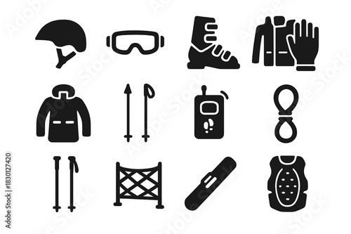 Safety Gear Icons. Safety and gear. Solid icon set of Safety and gear: helmet, goggles, ski boots, gloves, jacket, ski poles, avalanche beacon, rope, poles,