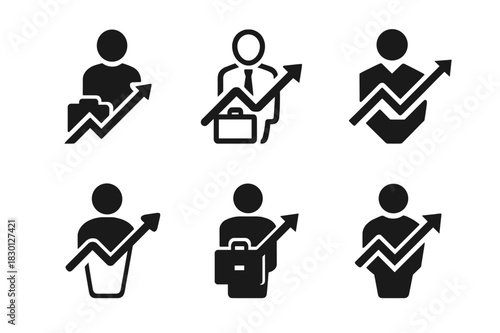 Salesperson Logo Variations. Salesperson. Icon set. Set Logo of salesperson: upward arrow graph with briefcase figure. harmonious logo variations of the same