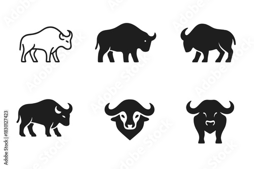 Savanna Animal Logos. savanna animals. Icon set. Set Logo of savanna animals: buffalo. harmonious logo variations of the same emblematic concept, each with