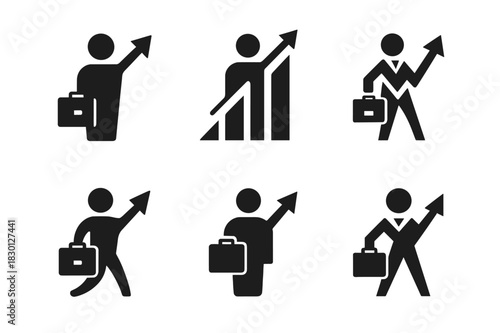Salesperson Logo Variations. Salesperson. Icon set. Set Logo of salesperson: upward arrow graph with briefcase figure. harmonious logo variations of the same