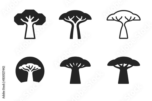Savanna Logo Set. Savanna ecosystems. Icon set. Set Logo of Savanna ecosystems: Baobab tree. harmonious logo variations of the same emblematic