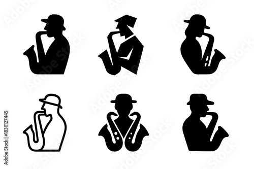 Saxophone Logo Variations. Playing a musical instrument. Icon set. Set Logo of playing a musical instrument: saxophone. harmonious logo variations of the same