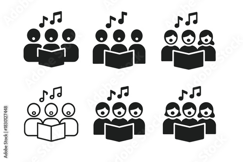 School Choir Logos. Singing for musical productions in schools. Icon set. Set Logo of singing for musical productions in schools: Choir of students. harmonious