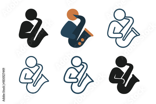 Saxophone Logo Variations. Playing a musical instrument. Icon set. Set Logo of playing a musical instrument: saxophone. harmonious logo variations of the same