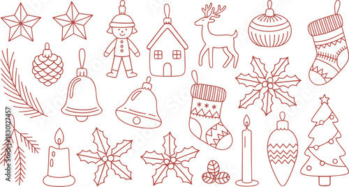 Christmas Outline Clipart Set in Warm Red Festive Hand Drawn Holiday Icons Scandinavian Minimal Line Art Collection Cozy Winter Doodles for Stickers, Crafts, Sublimation, and Digital Projects