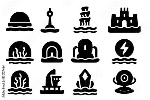 Sci-Fi Ocean Icons. Sci-fi ocean cities. Solid icon set of Sci-fi ocean cities: floating dome, lighted spire, algae tower, sea fortress, underwater plaza,