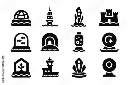 Sci-Fi Ocean Icons. Sci-fi ocean cities. Solid icon set of Sci-fi ocean cities: floating dome, lighted spire, algae tower, sea fortress, underwater plaza,