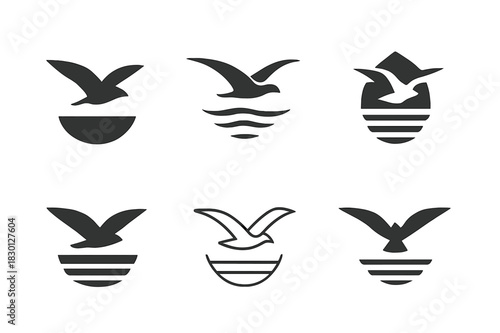 Seagull Logo Variations. Seagulls flying. Icon set. Set Logo of seagulls flying: Bird over ocean horizon. harmonious logo variations of the same emblematic