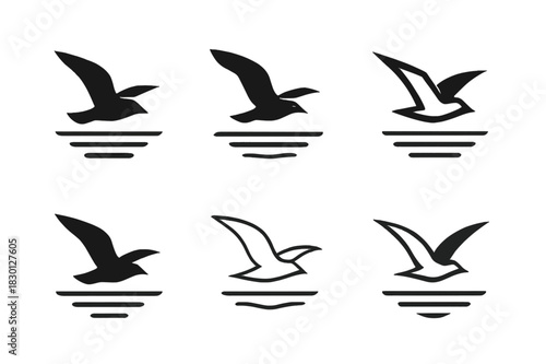 Seagull Logo Variations. Seagulls flying. Icon set. Set Logo of seagulls flying: Bird over ocean horizon. harmonious logo variations of the same emblematic