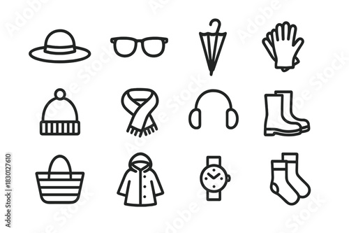 Seasonal Accessories Icons. Seasonal accessories. Line icon set of seasonal accessories: sun hat, sunglasses, umbrella, gloves, beanie, scarf, earmuffs, boots,