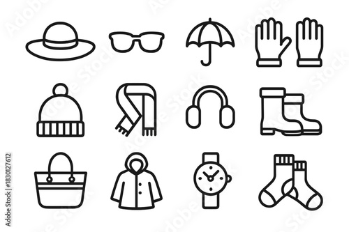 Seasonal Accessories Icons. Seasonal accessories. Line icon set of seasonal accessories: sun hat, sunglasses, umbrella, gloves, beanie, scarf, earmuffs, boots,