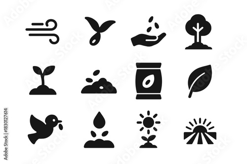 Seed Dispersal Icons. Seed Dispersal. Solid icon set of Seed Dispersal: wind, flying seed, hand, tree, sprout, soil, bag, leaf, bird, droplet, sunlight, field.