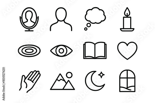 Self-Reflection Icon Set. Self-reflection. Line icon set of self-reflection: mirror, human silhouette, thought bubble, candle, water ripple, eye, book, heart,