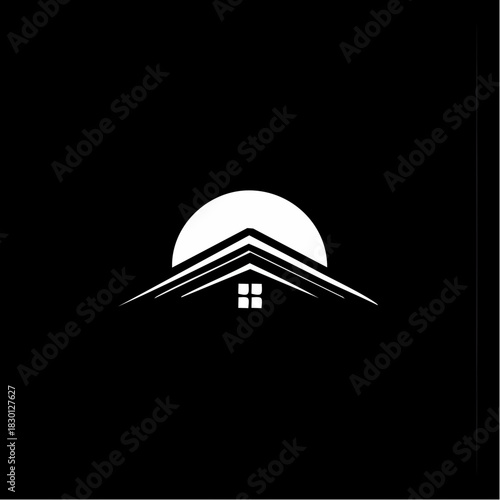 Minimalist white house roof logo with a half-circle sun or moon on a black background, representing real estate or home services.