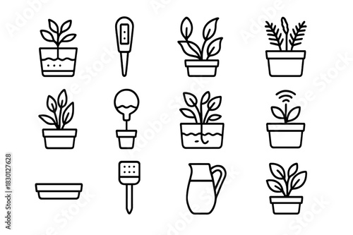 Self-Watering Plant Icons. Self-watering indoor plants. Line icon set of self-watering indoor plants: plant pot with reservoir, moisture meter, water level