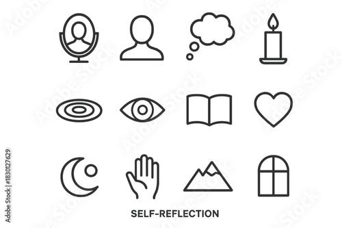 Self-Reflection Icon Set. Self-reflection. Line icon set of self-reflection: mirror, human silhouette, thought bubble, candle, water ripple, eye, book, heart,