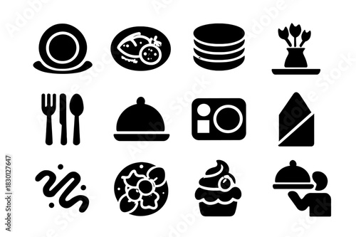 Serving Icon Set. Serving presentation. Solid icon set of Serving presentation: plate arrangement, garnished dish, stacked plates, centerpiece, cutlery,