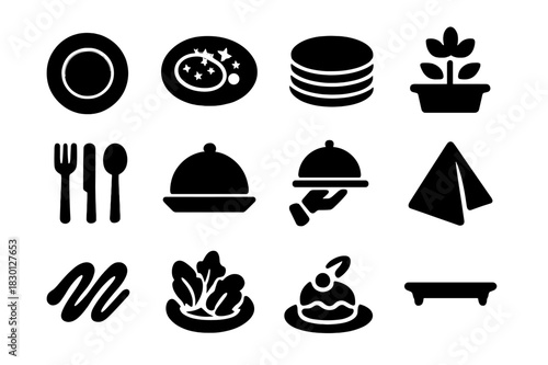 Serving Icon Set. Serving presentation. Solid icon set of Serving presentation: plate arrangement, garnished dish, stacked plates, centerpiece, cutlery,