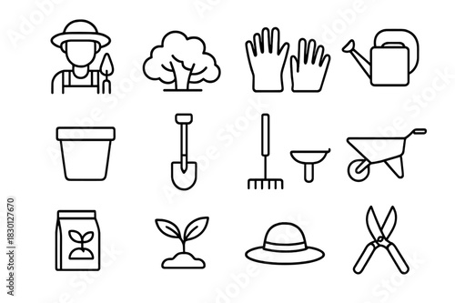 Shrub Gardening Icons. Shrub Gardening. Line icon set of Shrub Gardening: gardener with trowel, shrub, gloves, watering can, flower pot, shovel,