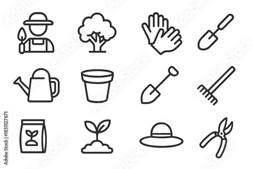 Shrub Gardening Icons. Shrub Gardening. Line icon set of Shrub Gardening: gardener with trowel, shrub, gloves, watering can, flower pot, shovel,