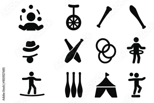 Skill Tricks Icons. Skill Tricks Practice. Solid icon set of juggling balls, balance board, unicycle, baton, hat toss, clubs, rings, hula hoop, tightrope,