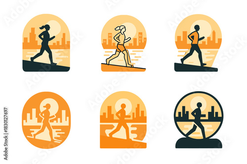 Skyline Jogging Logos. A person jogging along the waterfront in the city, enjoying the view of the skyline. Icon set. Set Logo of a person jogging along the