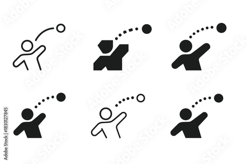 Snowball Fight Icons. Snowball fight. Icon set. Set Logo of snowball fight: throw trajectory arc with dotted flight path. harmonious logo variations of the