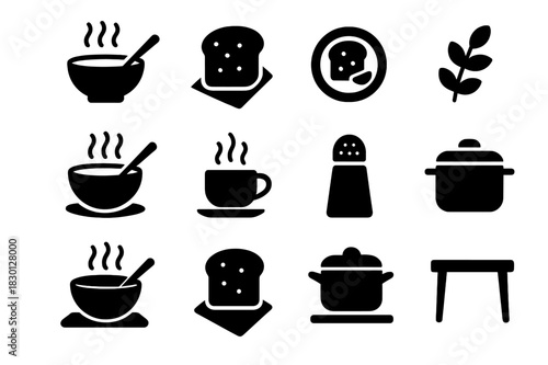 Soup and Bread Icons. Soup Bowl with Bread. Solid icon set of Soup Bowl with Bread: soup bowl, spoon, steam lines, bread slice, butter, napkin, plate, herbs,