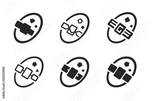 Space Debris Icons. space debris. Icon set. Set Logo of space debris: orbit decay symbol. harmonious logo variations of the same emblematic concept, each with