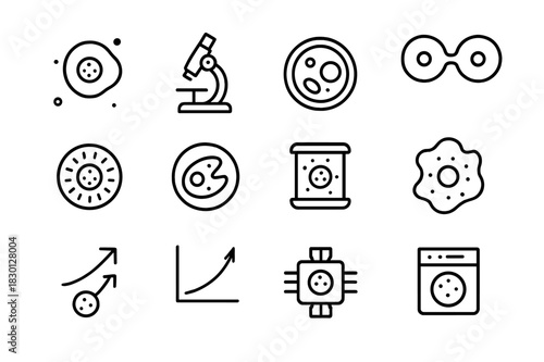 Space Cell Icons. Cell growth in space. Line icon set of cell growth in space: floating cell, microscope, Petri dish, dividing cells, nucleus icon, cell